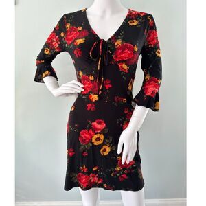 No Boundaries Black Floral Mini Dress Tie Front Ruffle Sleeves size Small